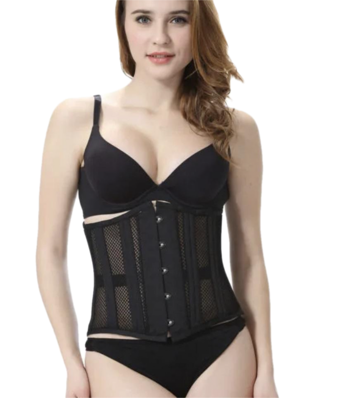 Woman wearing a black corset for waist cinching and posture support, standing confidently