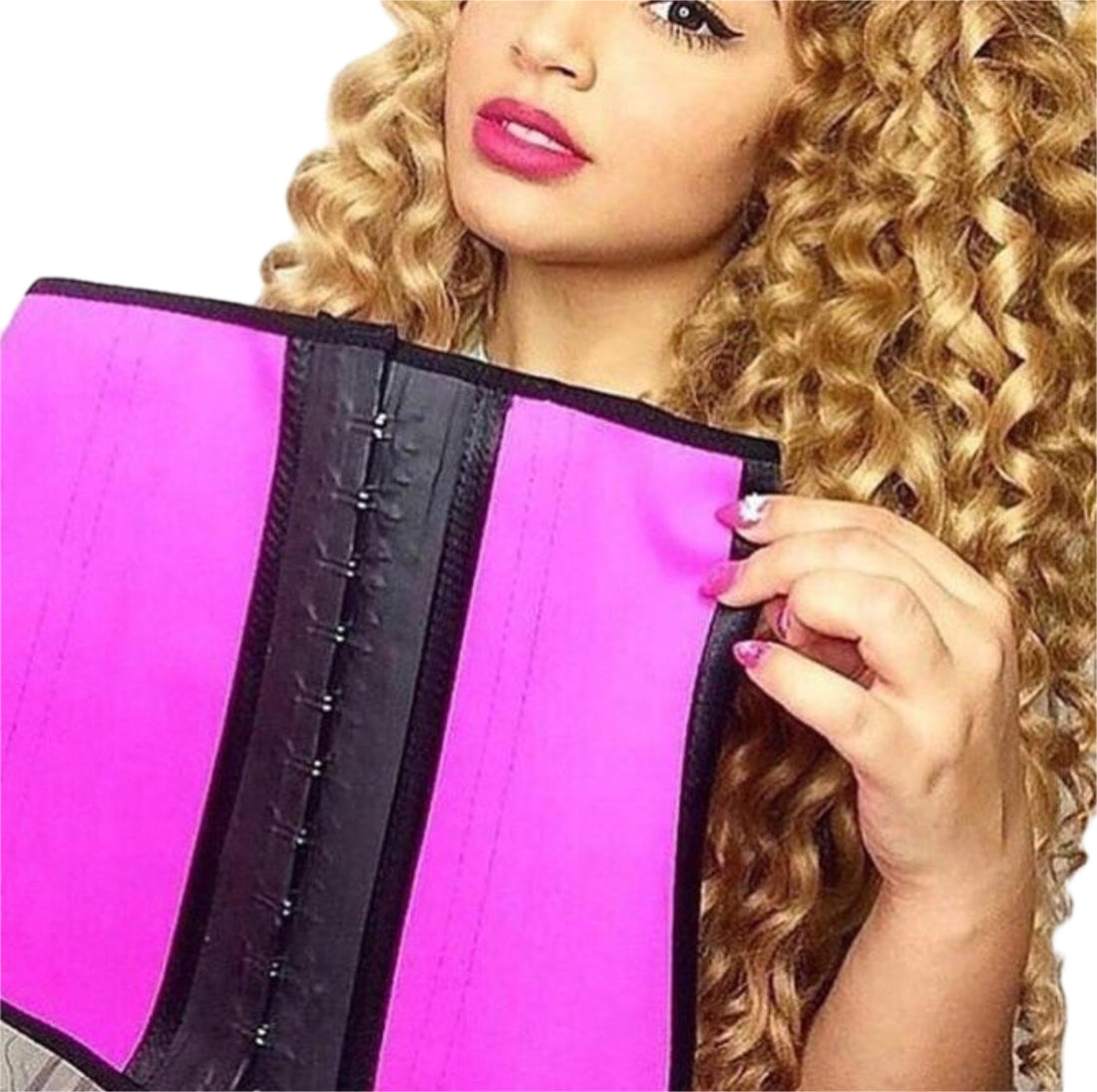 Woman holding a hot pink waist trainer, posing confidently for Bodied by Bella Waist Training Blog