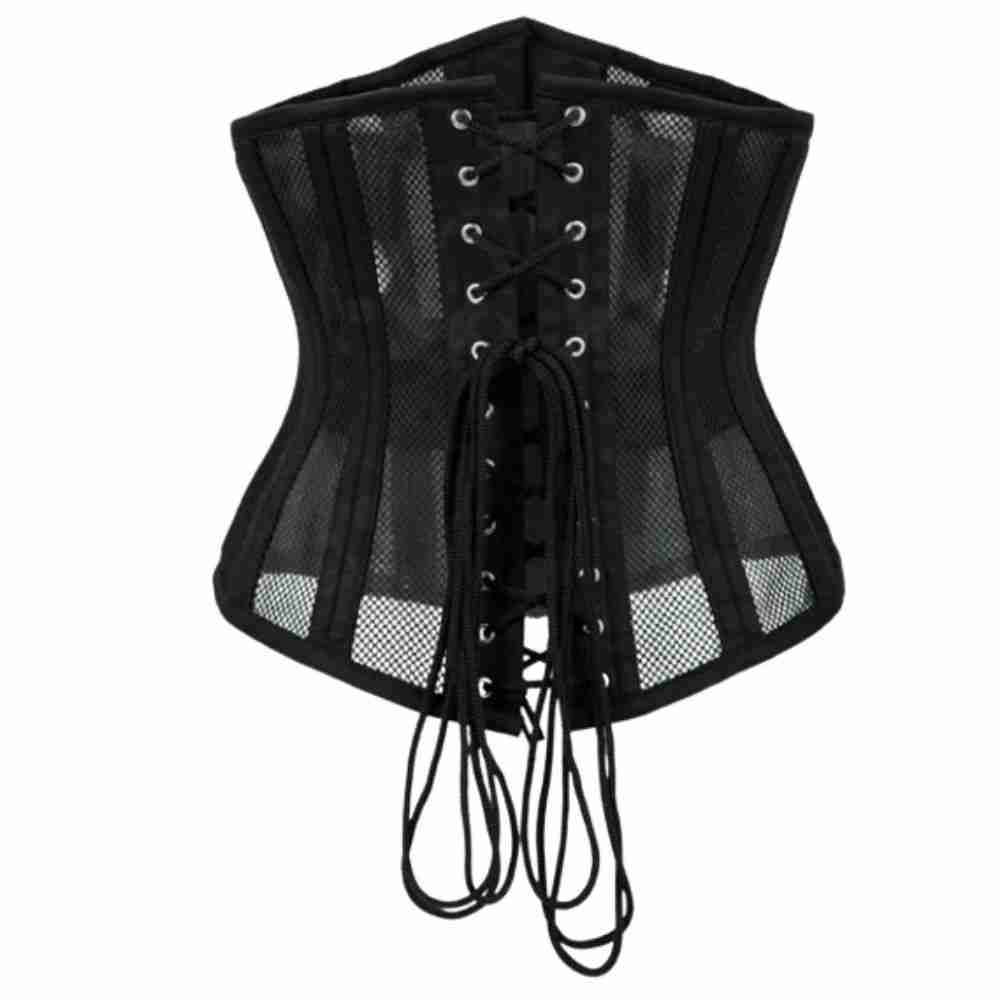 Product image of Bodied by Bella black Sculpt Steel Bone Corset back featuring strong cord lacing with reinforced steel boning for strong compression, support, natural body contouring, and a defined waistline