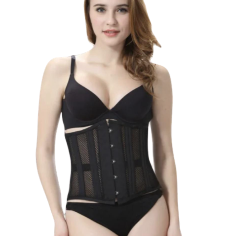 Model wearing Bodied by Bella Sculpt Steel Bone Corset designed with reinforced steel boning for maximum support, waist slimming, and natural body contouring