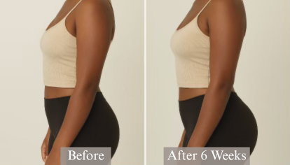 Before-and-after photo of customer showing noticeable booty enhancement after 6 weeks of using Bella Booty Gummies and cream