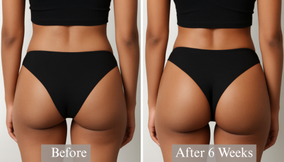 Backside before and after comparison photo showing natural improvements in skin smoothness, tone, and shape over a 6-week period.