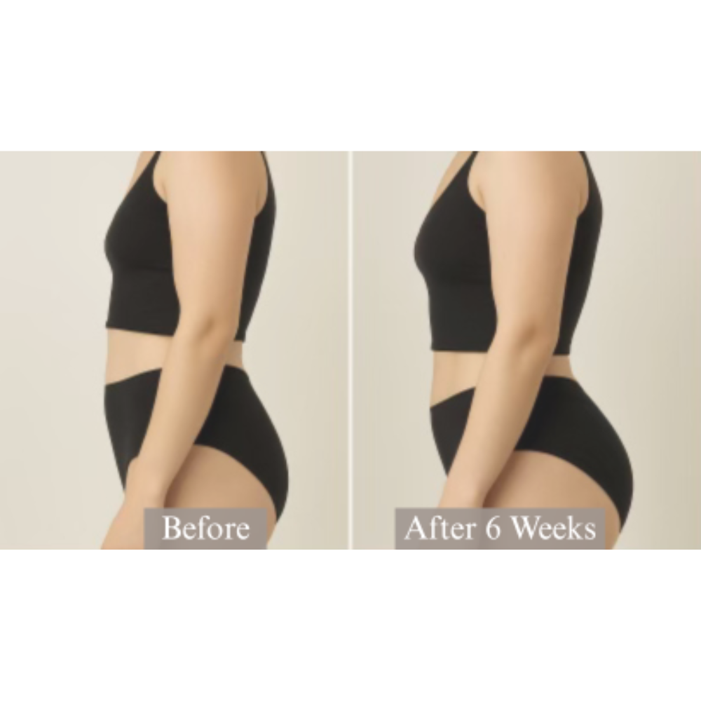 Side-by-side before and after photos showing natural butt enhancement results with visible plump, lift, and smoother contour from consistent use of enhancement products