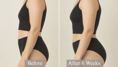 Before-and-after image of third customer showing booty improvement with 6 weeks of Bella Booty product use.