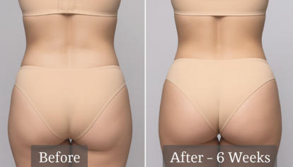 Customer transformation photo showing 6-week difference in booty roundness and firmness from Bella Booty support products.